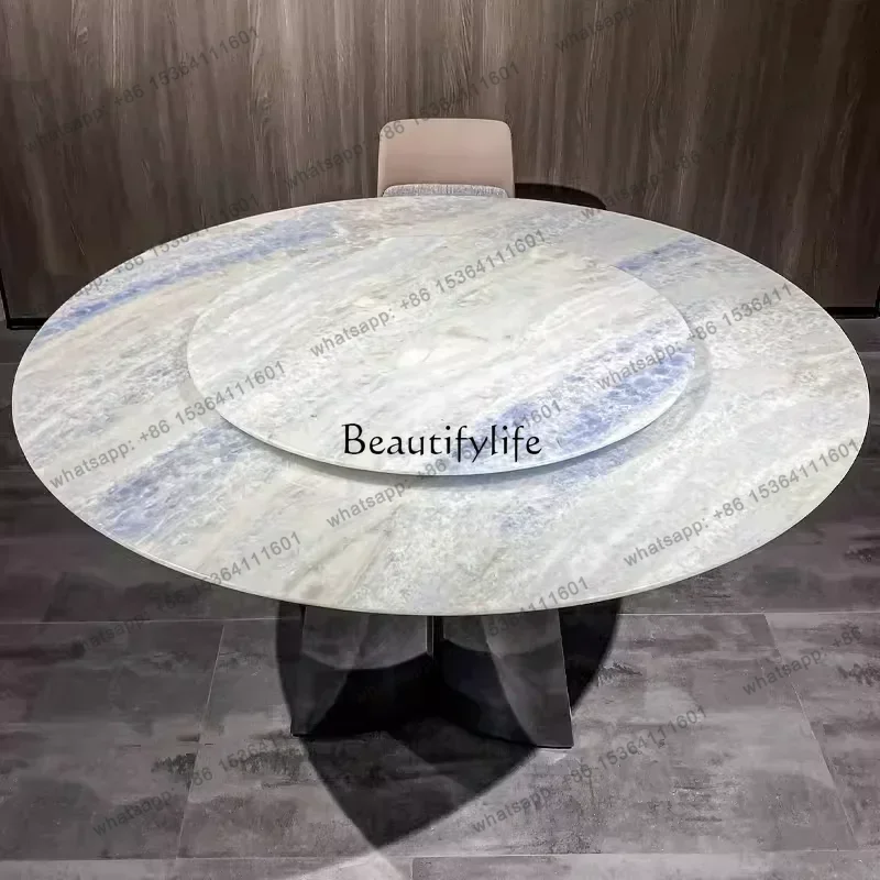 Factory DirectBlue crystal natural marble dining table Italian light luxury high sense with turntable round luxury stone dining