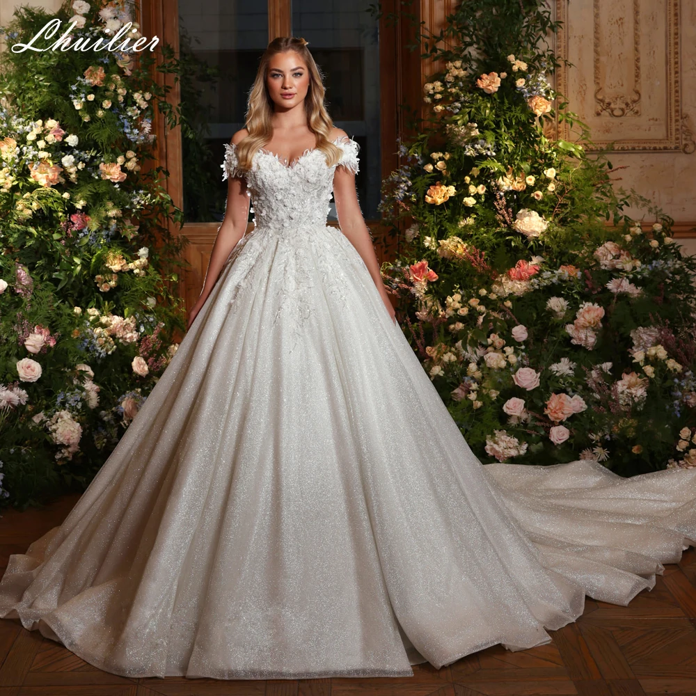 

Lhuilier Off the Shoulder A Line Wedding Dresses Beaded Shiny Boat Neck Bridal Gowns with Chapel Train