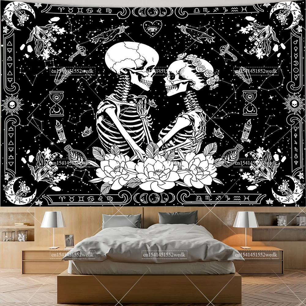 The Lovers Skull Wall Hanging Black And White Tapestry Skeleton Tapestrys Room Decor Aesthetic Tarot Tapestries Party Backdrops