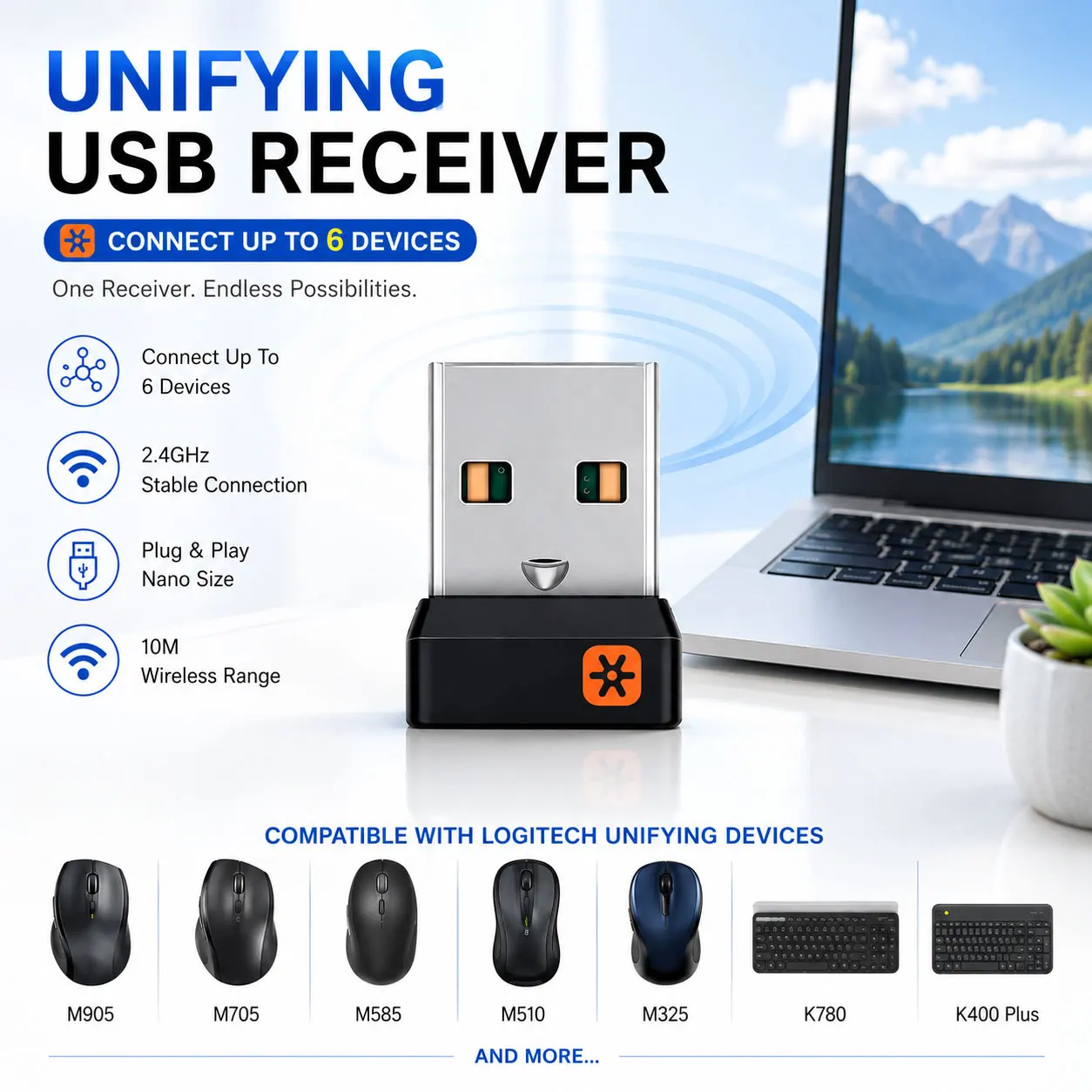 

1PCS-USB Receiver For Unifying-USB Adapter,Wireless Dongle For M905 M325 M585 M510 M705 Supports 6 Devices Mouse Keyboard