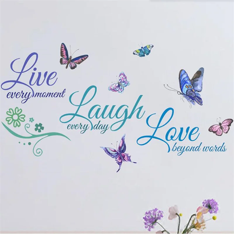1PCS Removable Colorful English LIVE LAUGH LOVE Butterfly Wall Sticker For Bedroom Self Adhesive Home Decoration 30*60CM