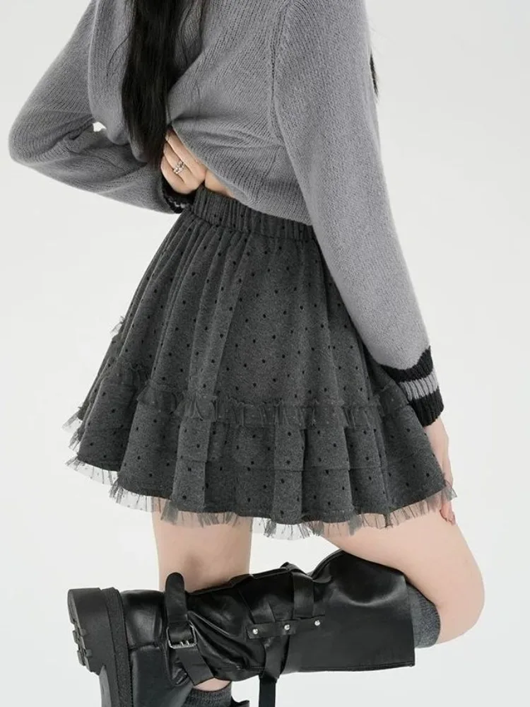 Women's 2026 Winter French Polka Dot Tweed A-Line Mini Skirt Ruffle Lace Patchwork Warm Elegant Sweet Coquette Trendy Chic