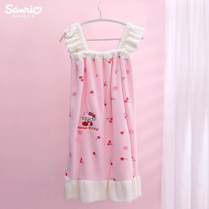 

Sanrio Hello Kitty Suspender Bath Skirt Anime Cartoon Cherry Girl Heart Coral Velvet Bath Towel Quick-drying Robe Nightgown Gift