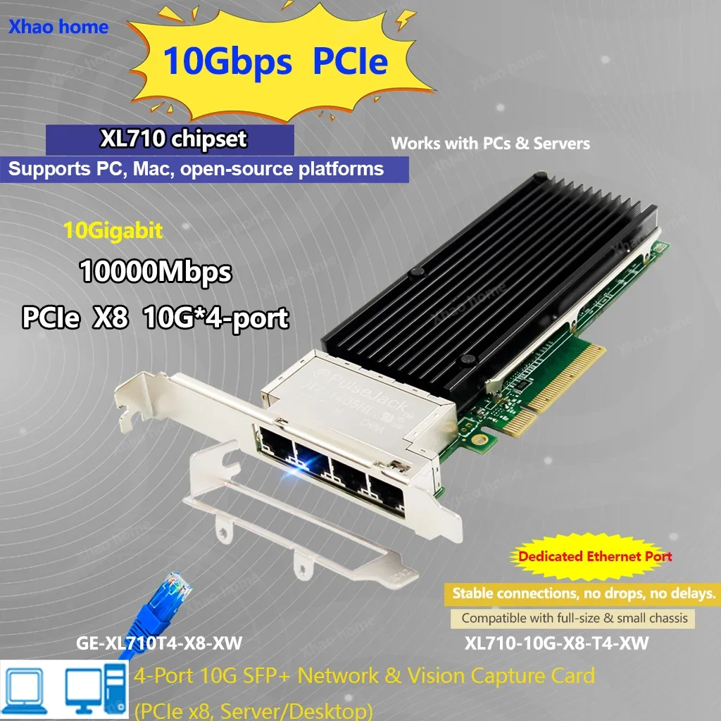 For Intel XL710 4-Port PCI-E 10GBASE-T Ethernet Server Adapter (RJ45) - Compatible with Linux, PC, Soft Router & Vision Capture