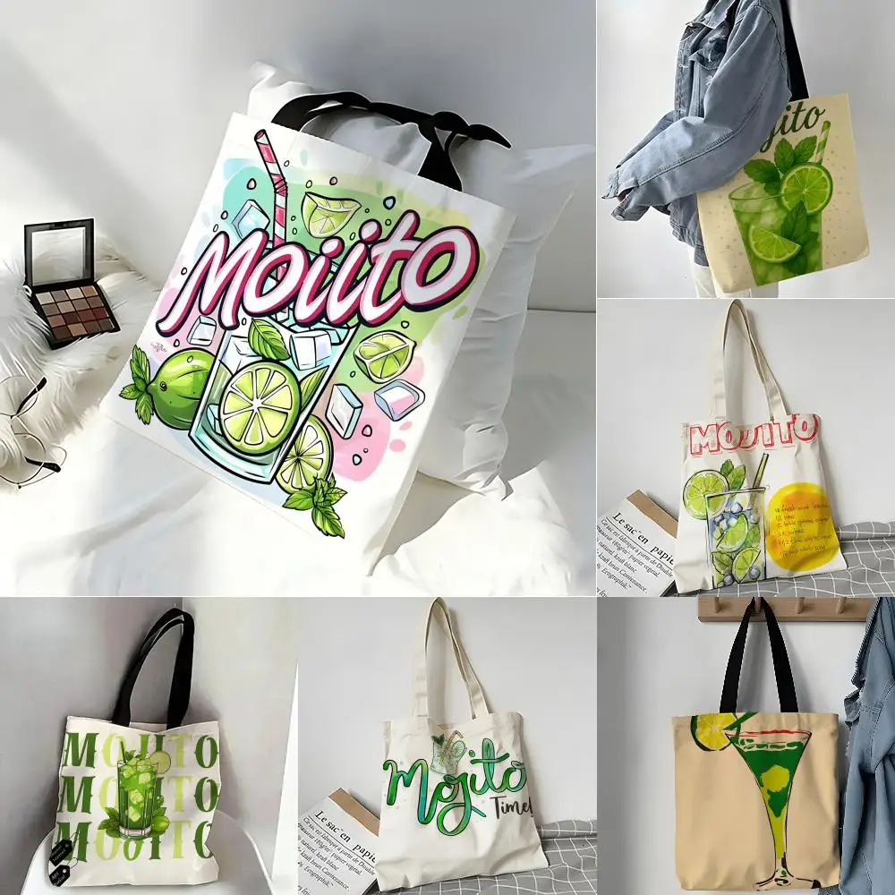 Storage Bags Casual Portable Shoulder Bag Lightweight Shopping Bag Reusable Linen Bag Natural M-Mojito Bar Beach Match