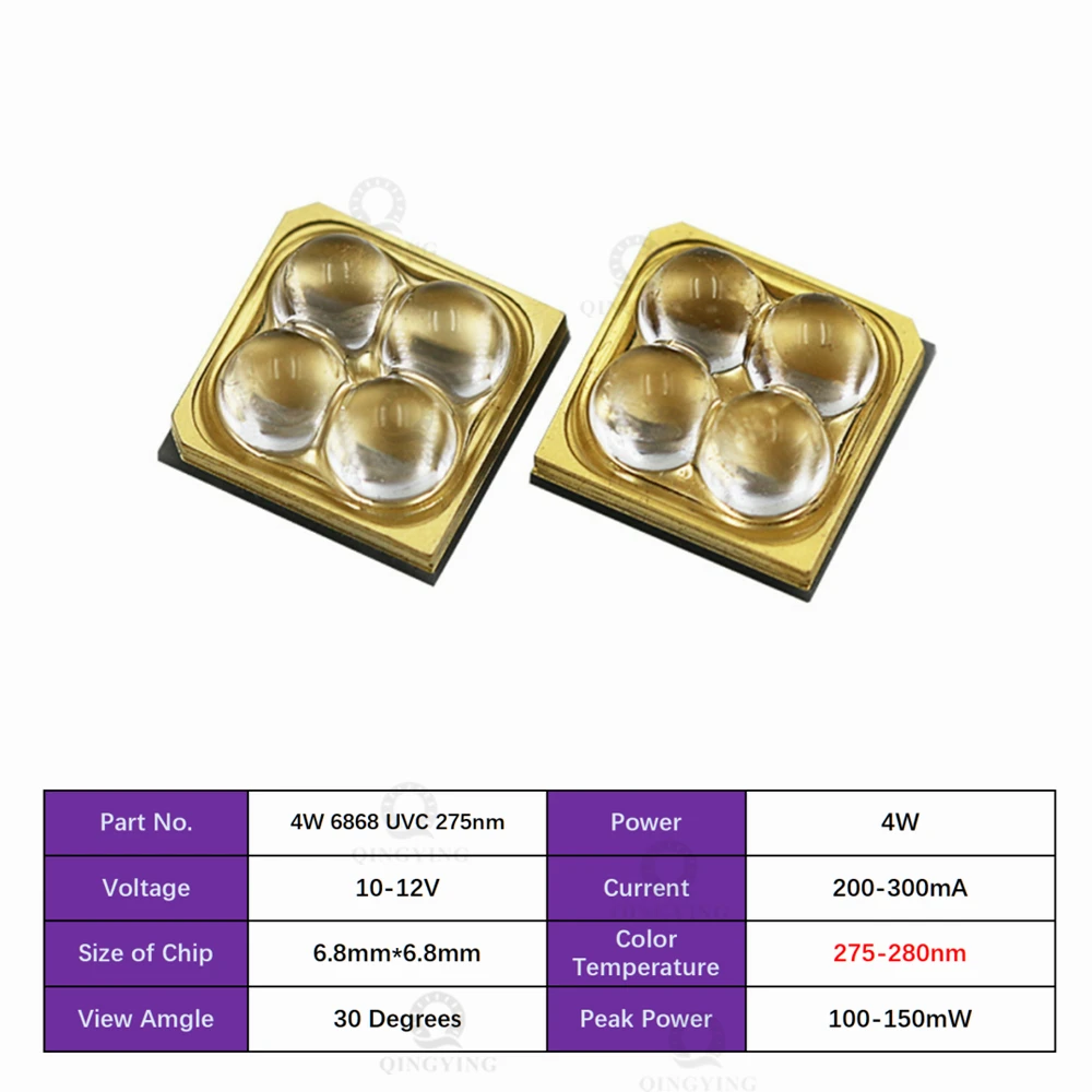 12V Deep UV LED Chip UVC270nm 275nm 280nm Diodes SMD6868 On 20mm Copper Plate Ultraviolet Lamp For Water Air Virus Sterilization