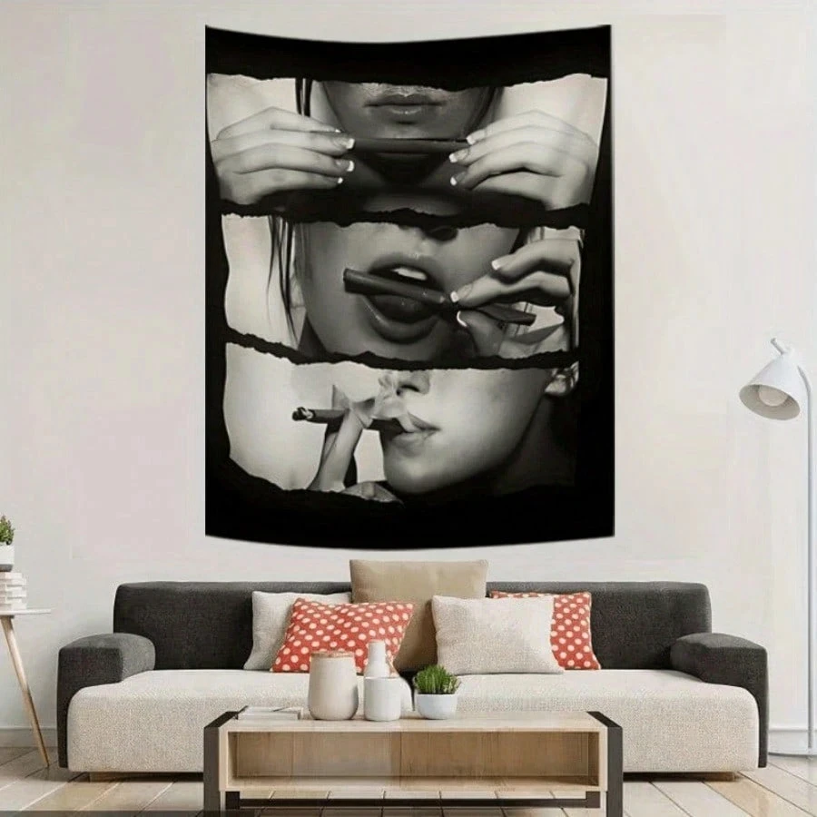 1 Stück Schwarz-Weißer Grunge Wandteppich mit Rauchendem Mädchen, Ästhetische Collage Wandbehang, Verschiedene Größen, Polyester 2D-Druck, Schlafzimmerdekoration