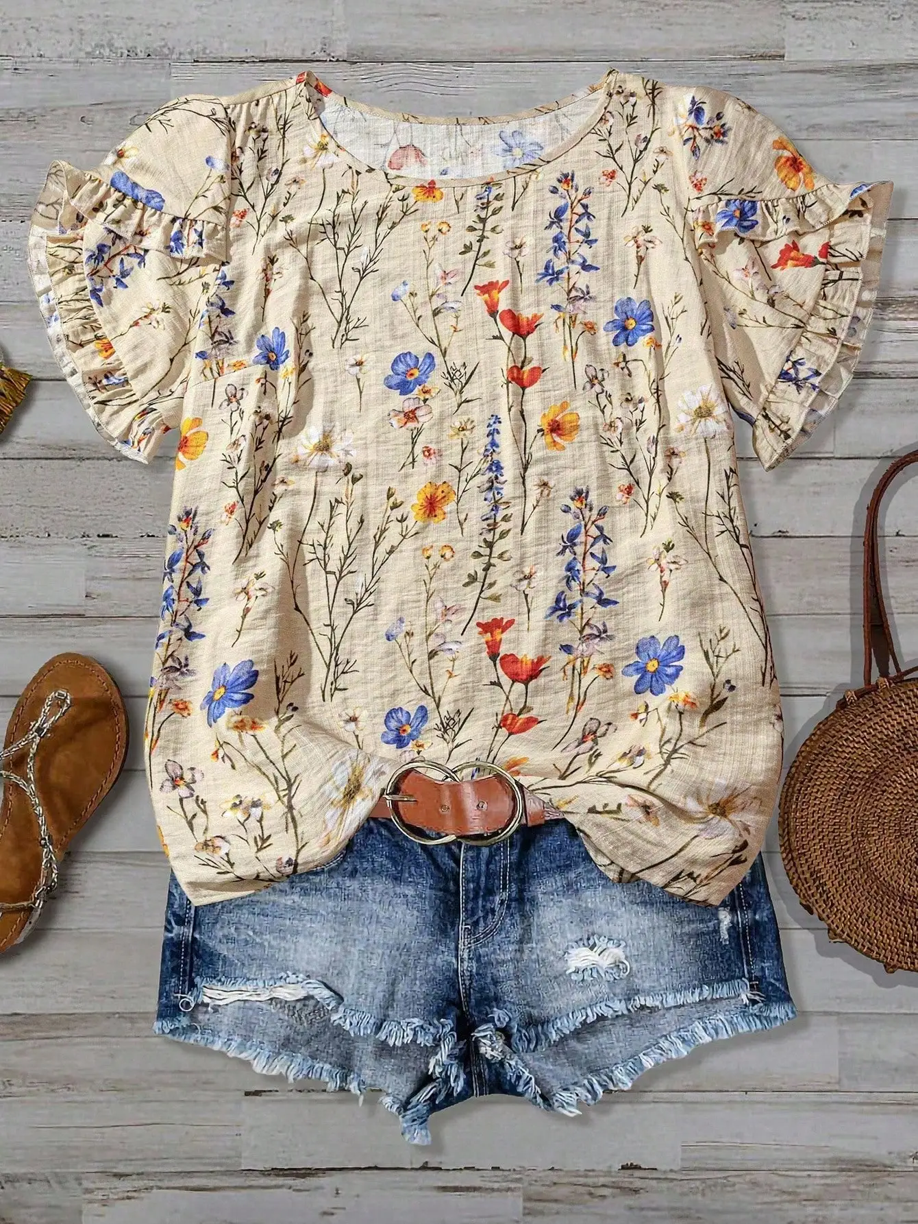 

Floral Print Ruffle Sleeve Loose Blouse Casual Summer Women Top