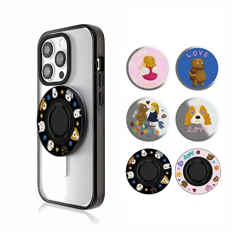 

Cute Bear Puppy Magnetic Folding Black Phone Stand for IPhone 12 13 14 15 16 Pro Max Holder Mount Support for Galaxy S24 Ultra