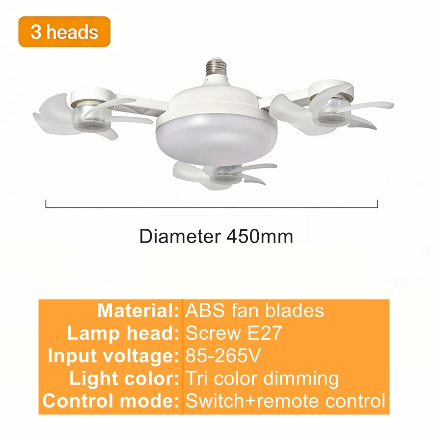 E27 3-in-1 ventilatorlamp met drone-design, 3/4 bladen, afstandsbediening, plafondventilatorlamp AC85V-265V voor slaapkamer, restaurant, woonkamer