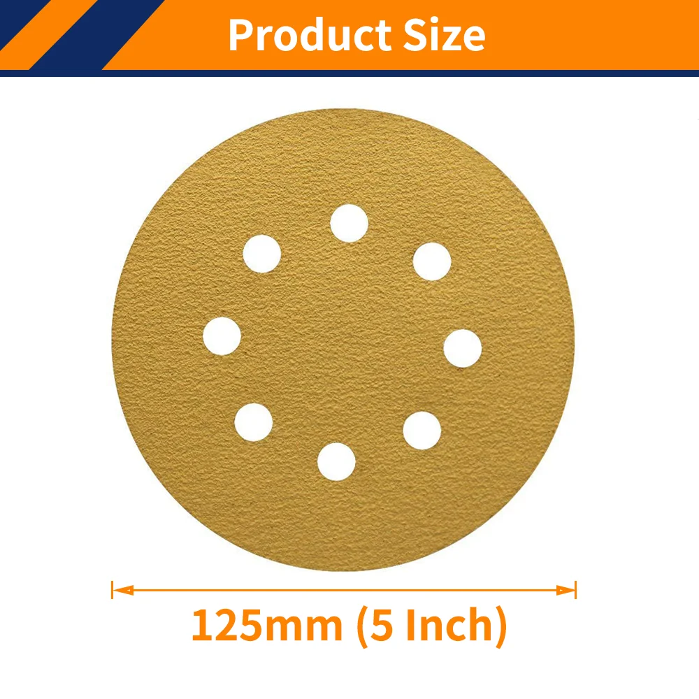 50Pcs 5 Inch 8 Hole Hook & Loop Gold Sanding Discs, 40-800 Grit Abrasive Sandpaper for Orbital Sander, Woodworking, Automotive