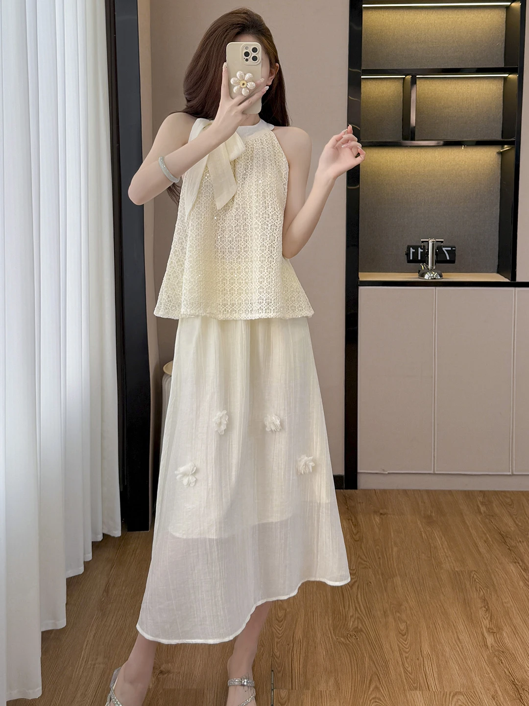 

Elegant Lace Halter Neck Two-Piece Set Women Summer Slimming Long Half Skirt Holiday Fashion Ensemble High Waist Floral Print