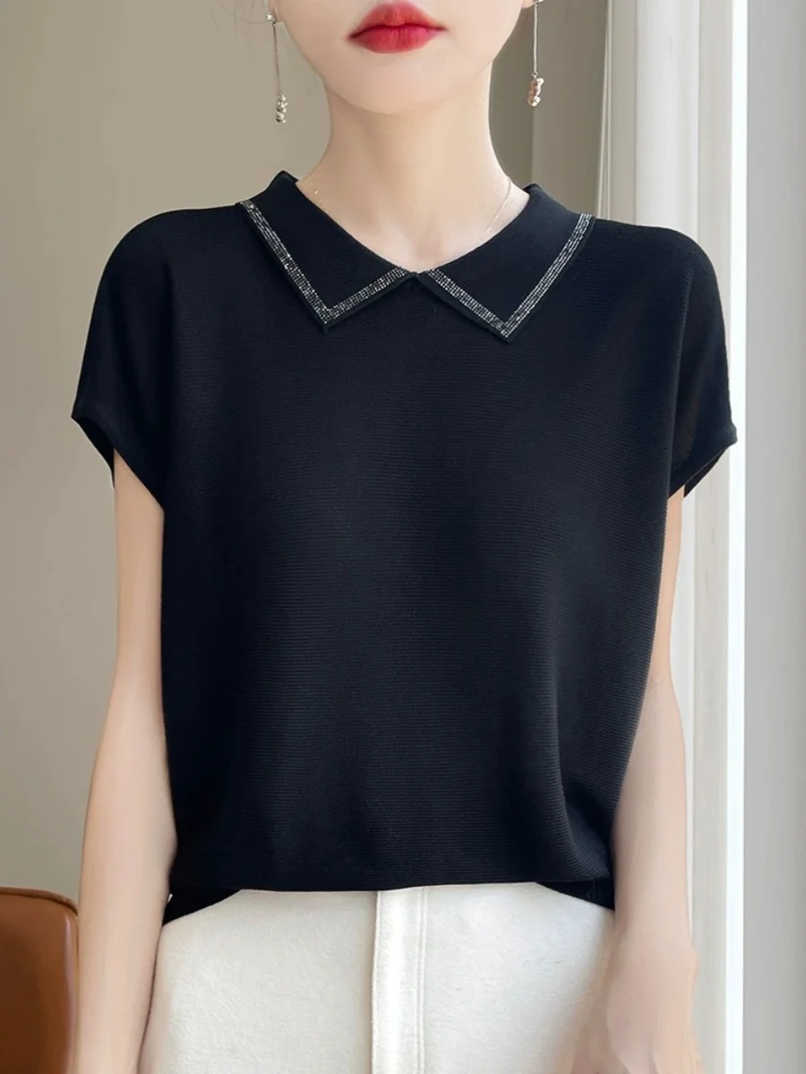 

Elegant Short Sleeve Neck Knitted T-Shirt Women's Design Sensation Summer 2024 New Style Small Audience Body Shirt