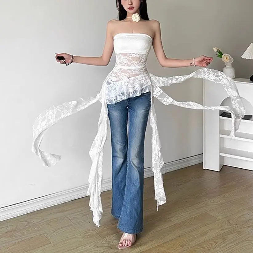 الحلو مثير غير النظامية غير المتماثلة سليم تانك القمم Y2k Harajuku الدانتيل تي شيرت المرأة أسود أبيض القمم كشكش لطيف مشد الأعلى العصرية جديد #3