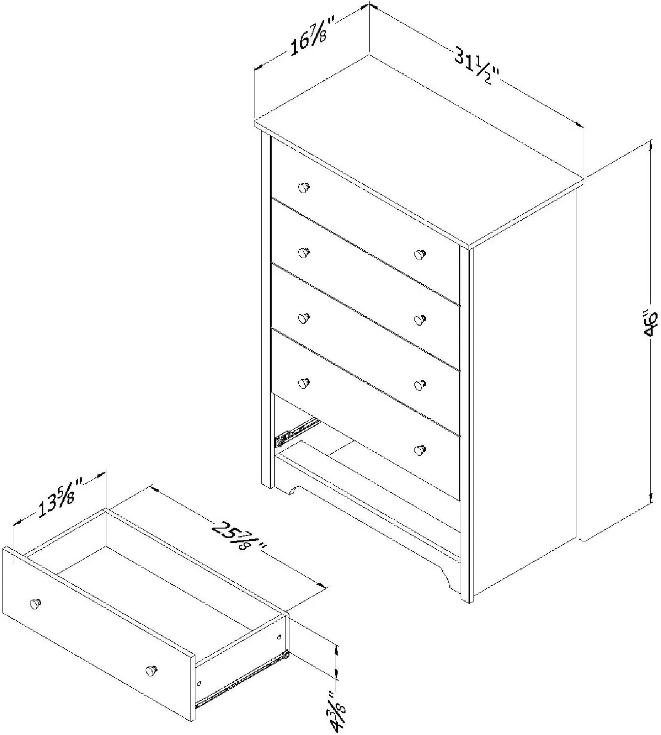 Vito Collection 5-Drawer Dresser, Black with Matte Nickel Handles, Pure Black