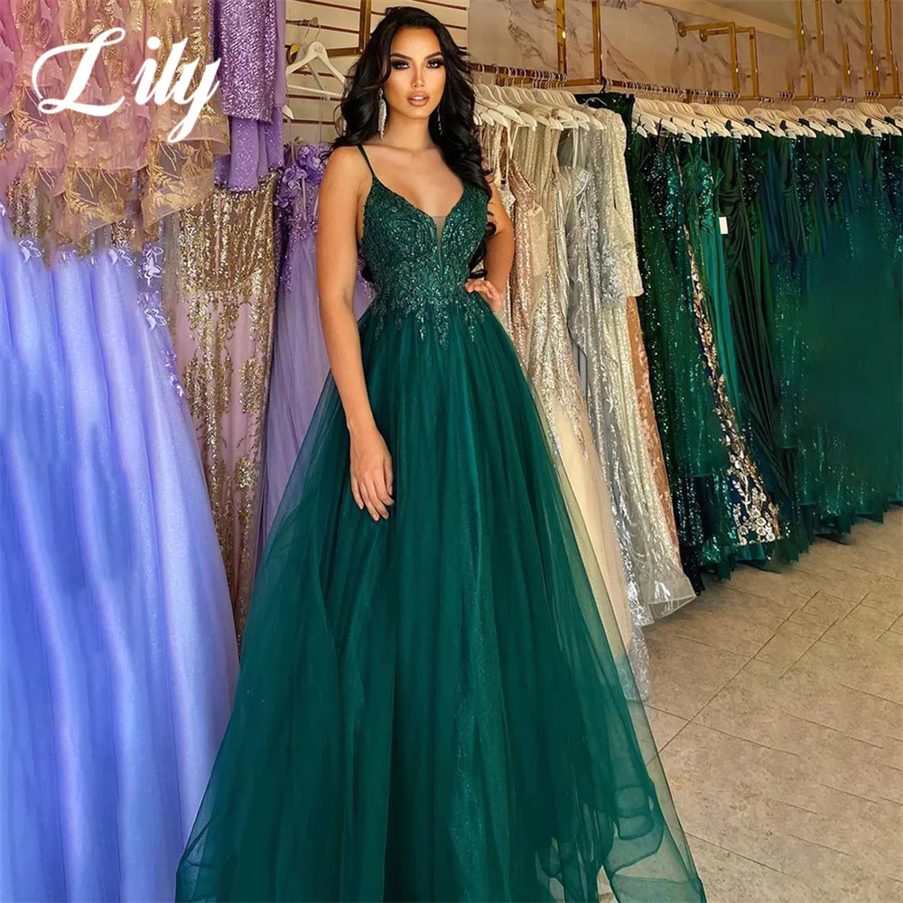 

Lily Green V-Neck Evening Gown Spaghetti Strap A-Line Prom Dress Tiered Layer Wedding Evening Dress with Pleats robes de soirée