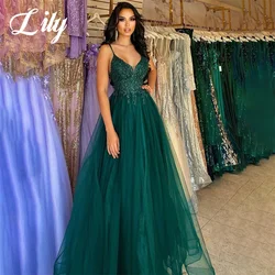 Lily Green V-Neck Evening Gown Spaghetti Strap A-Line Prom Dress Tiered Layer Wedding Evening Dress with Pleats robes de soirée