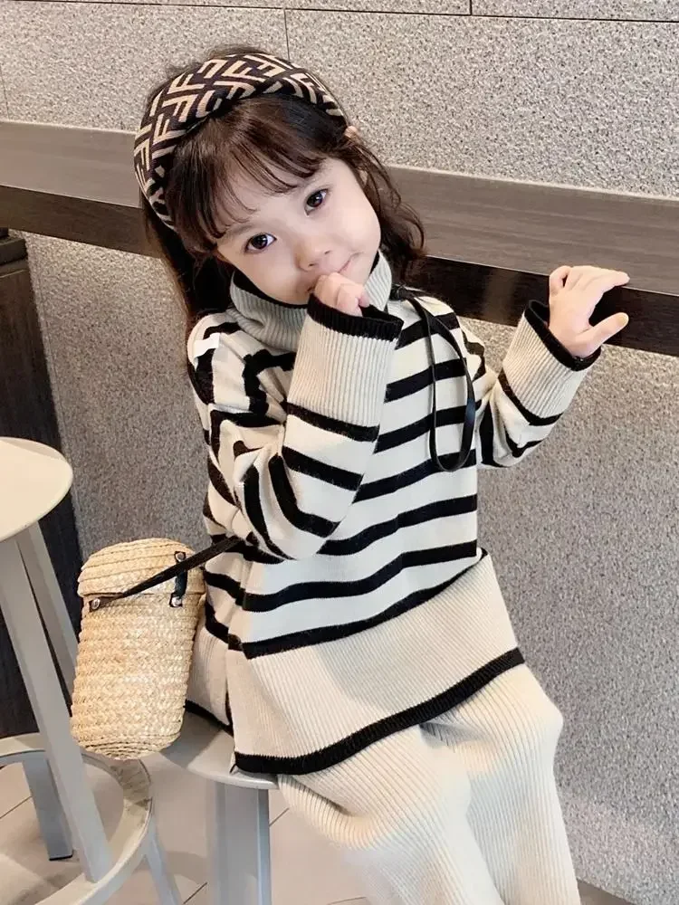 Childrens Sets Clothing Girls Knitting Autumn New Korean Fashion Stripe High Collar Sweater Wide Leg Pants Two Piece Set