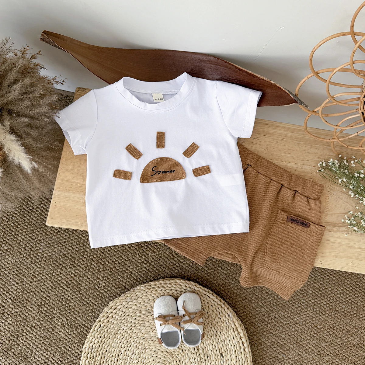 New Baby Boy Clothing Set Toddler Cute Sunshine Patch T-shirt+Casual Pocket Shorts Newborn Girl Summer Outfits 2Pcs/Set