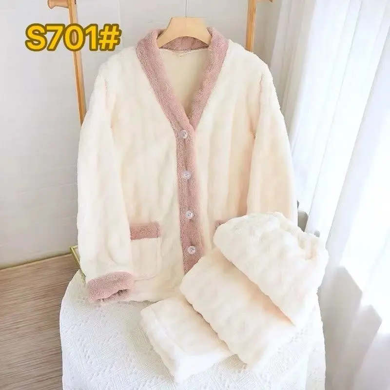 

2025 Winter Long Sleeve Thick Warm Flannel Pajama Sets For Women Korean Cute Coral Velvet Sleepwear Pyjama Homewear Home Clothes