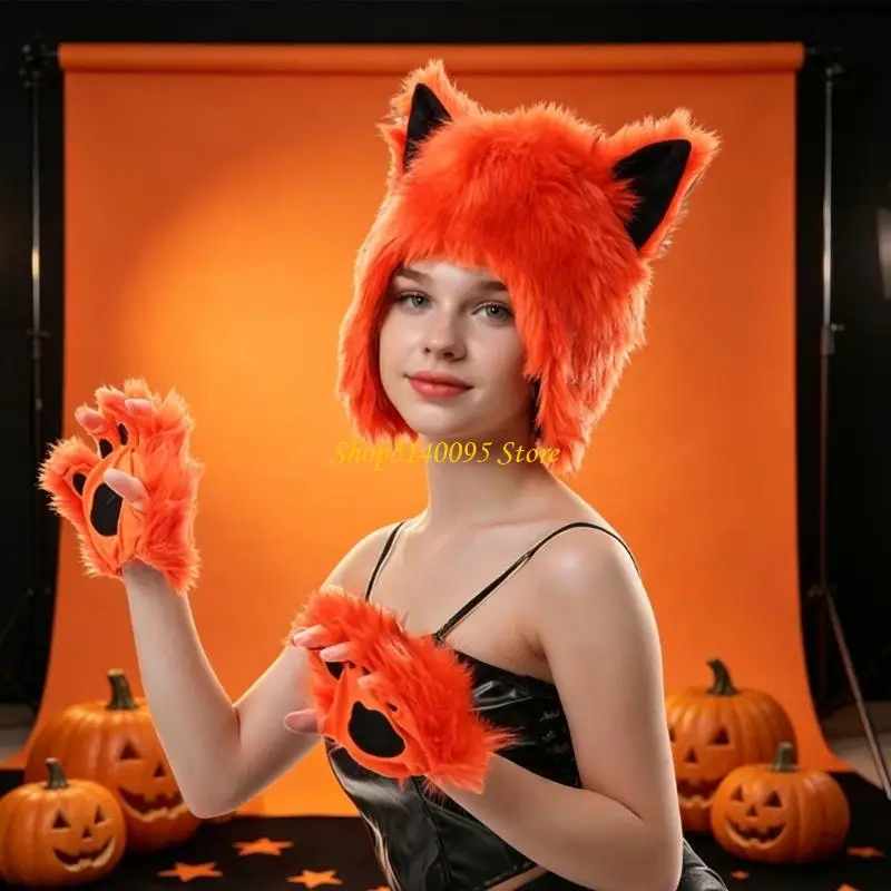 DXAE Matching Animal Hat and Accent Gloves Costume Accessories with Long Texture for Cosplay and Performances