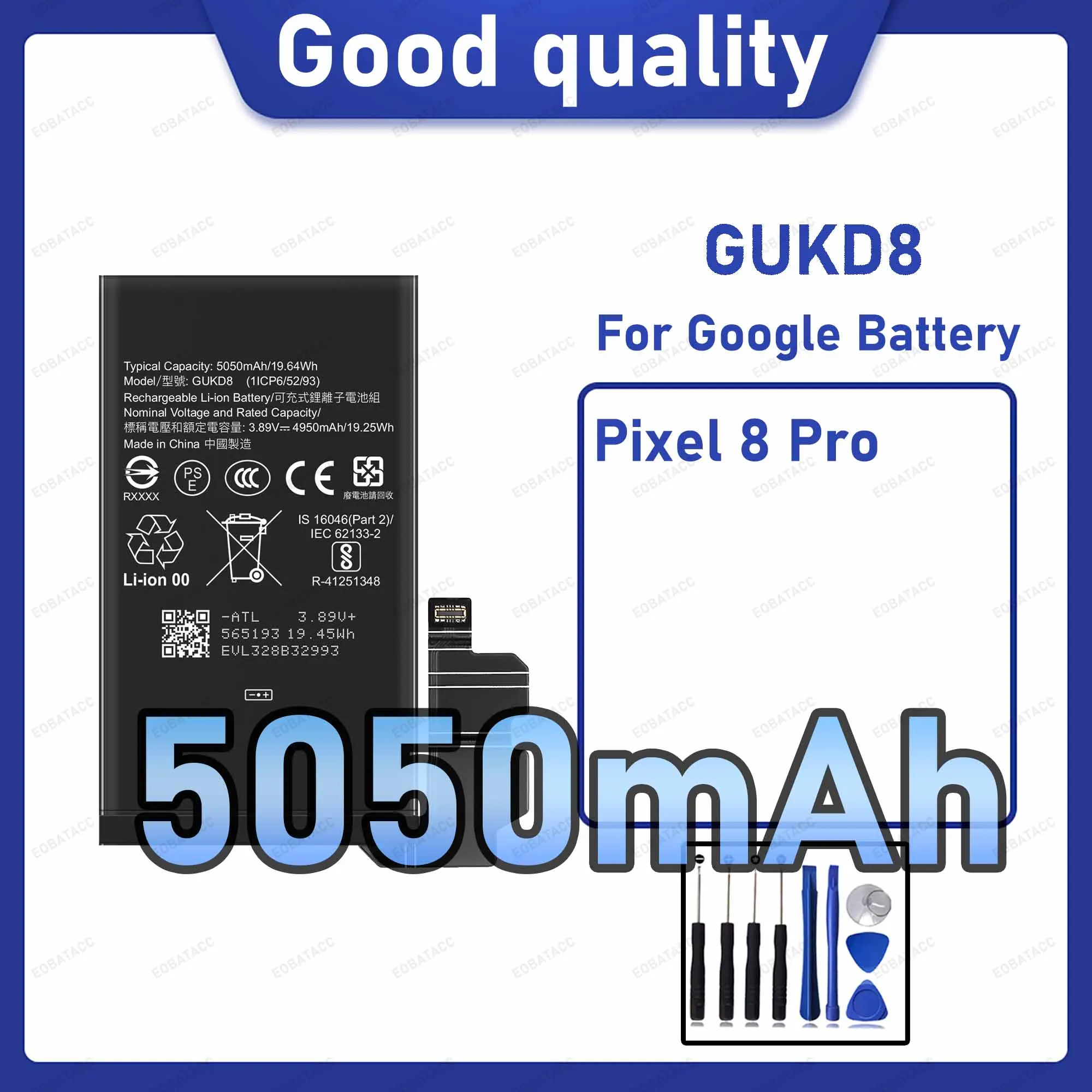 5050mAh GUKD8 Replacement Battery for Google Pixel 8 Pro with Repair Tools Kit