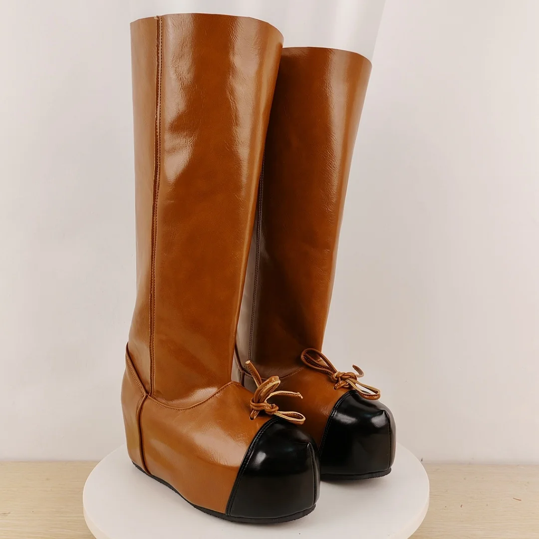 Women Brown Black Contrast Leather Knee High Boots Pointed Toe Lace Up Front Chunky Platform Heel Side Zipper Ladies Tall Boots