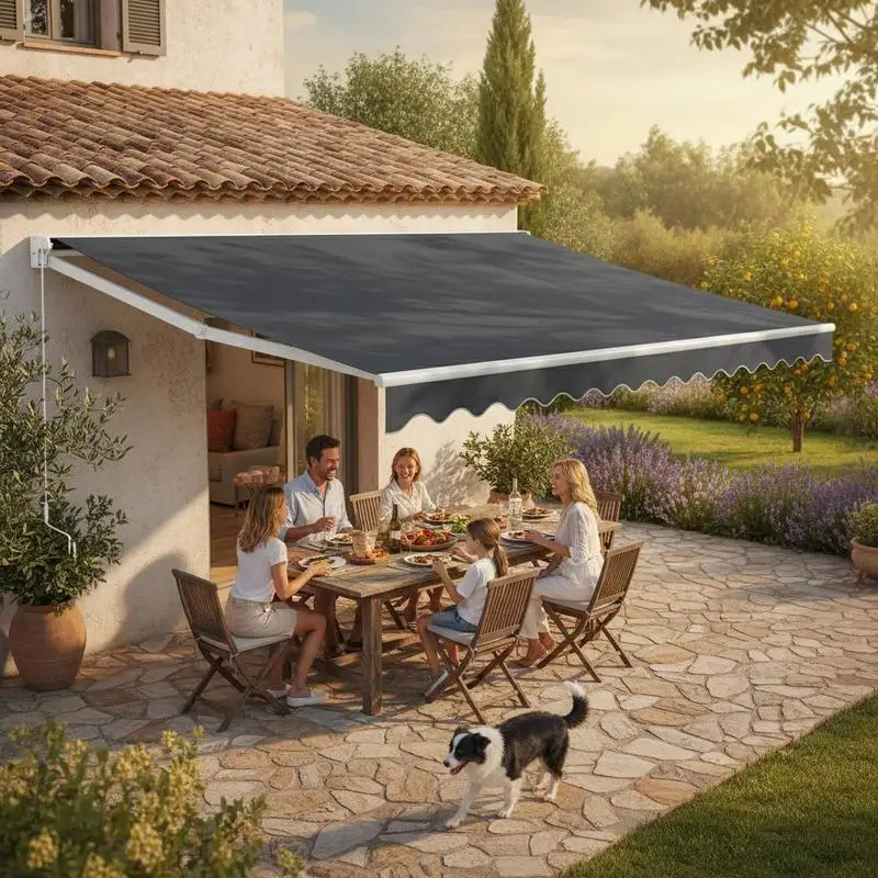 Auvent électrique pour terrasse avec télécommande et manivelle manuelle : structure en aluminium robuste et tissu en polyester résistant aux rayons UV pour balcons, terrasses et restaurants.