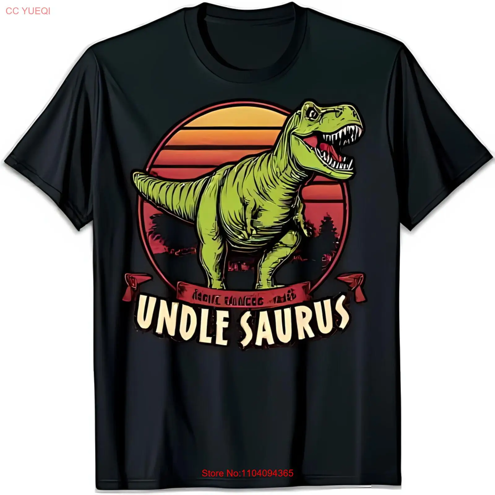 

Unclesaurus Black T-Shirt with Sunset Design & Whimsical Text