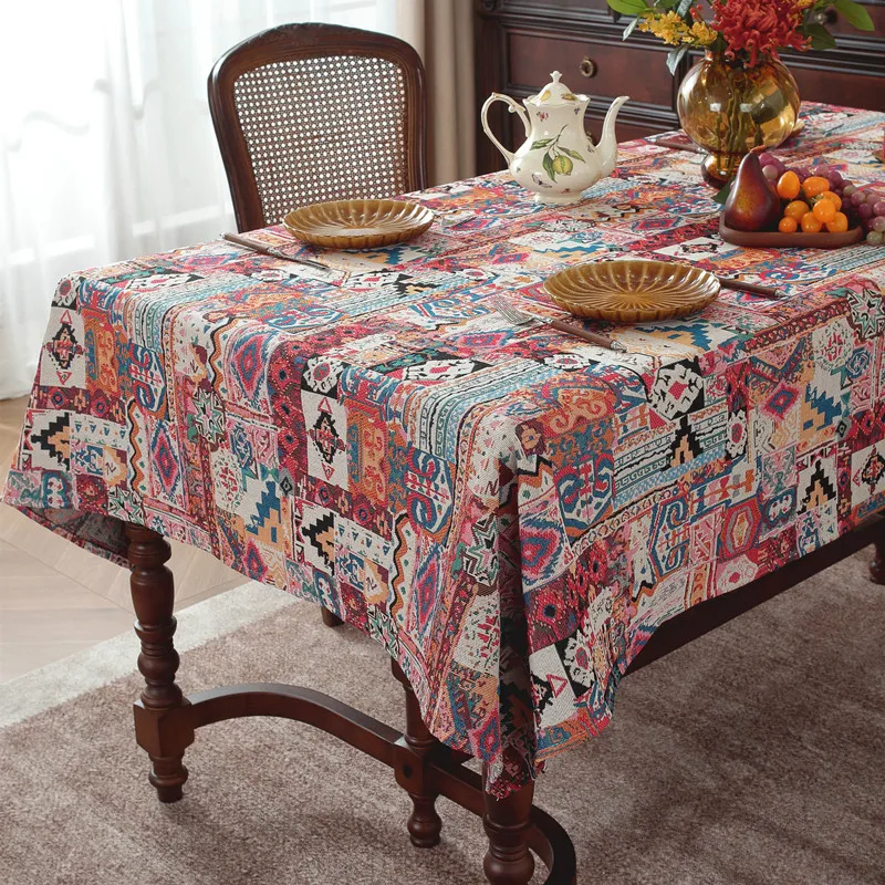 American Retro Polyester-cotton Yarn-dyed Jacquard Bohemian Flower Geometric Tablecloth Rectangular Coffee Table CoverTablecloth