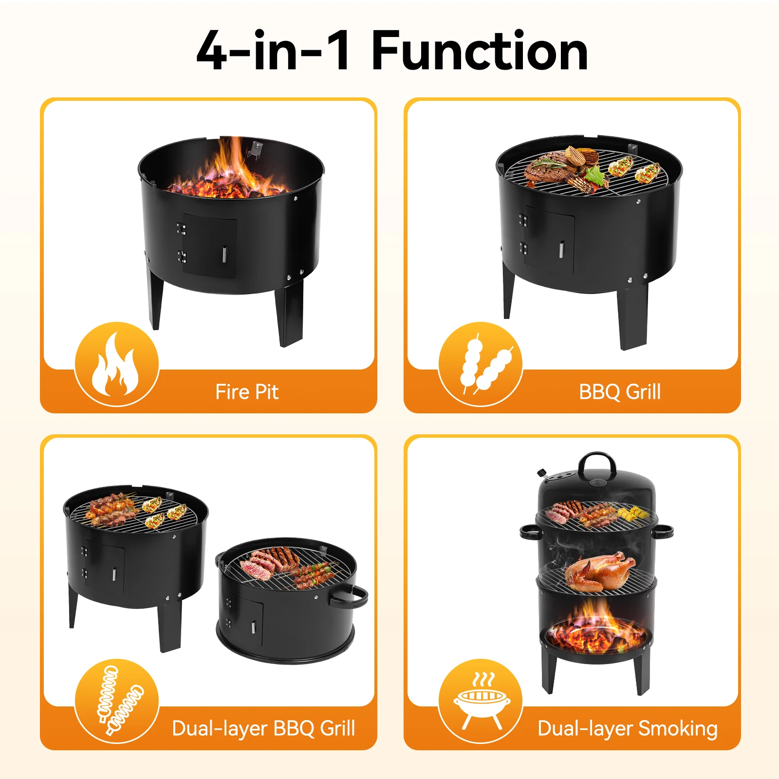 3-in-1-Räuchergrill hat Grillen, vertikal, tragbar, abnehmbar, 2 Schichten, für Camping, Outdoor, Grillen, Kochen, Schwarz – Detail 4