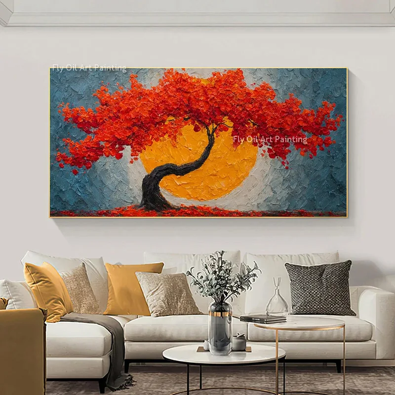 Heavy Impasto Large Canvas Nature Oil Painting Hand Painted Vibrant Fall Tree Scene Artwork Living Room Home Decor Items