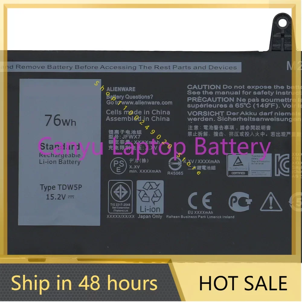 

TDW5P Battery For Alienware 13 R3 ALW13C-1738 2508 2718 2738 2838 JFWX7 04RRR3 0V9XD7 4RRR3 P81G P81G001 15.2V 76Wh