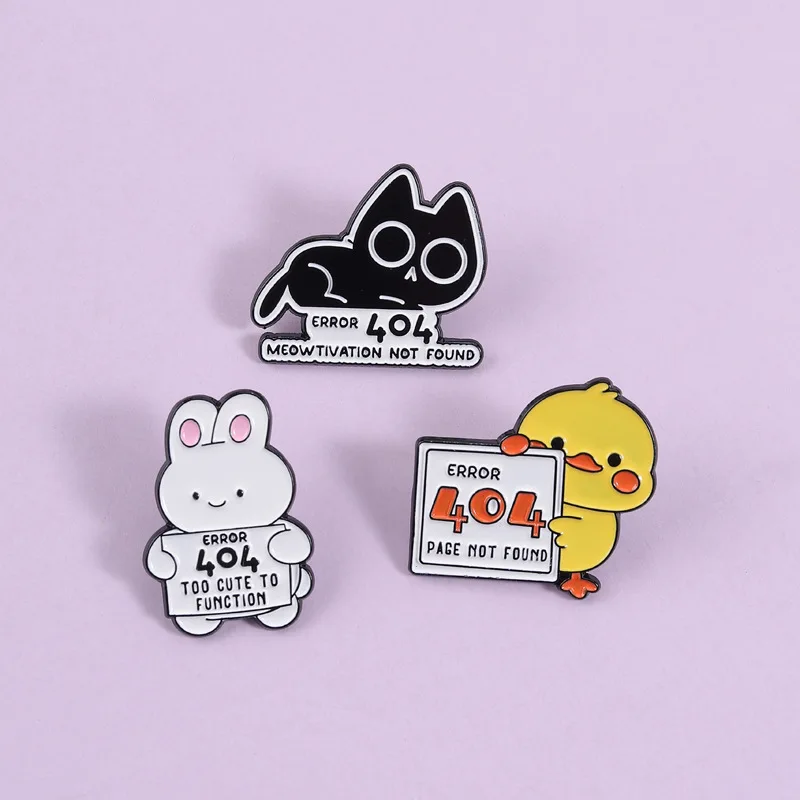 Program error 404 brooch Cute cartoon animals ducks black cats rabbits namel Pins Creative fun fashion Jewelry gifts