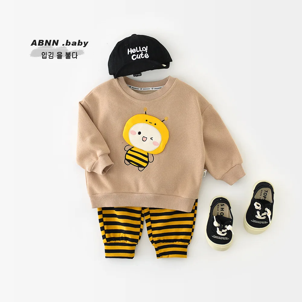 

Children suit for Boys baby cute little bee patch sweater Girls' foreign style striped sweatpants two-piece set ropa niña