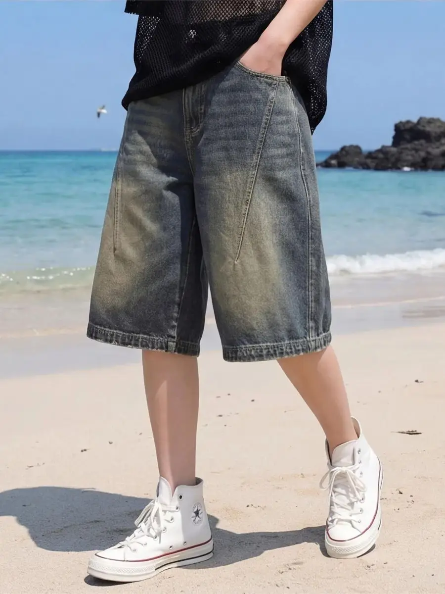 High Street Vintage Gradient Denim Shorts Loose Wide Leg Summer Casual Fashionable Versatile Must Have Shorts for Trendsetters