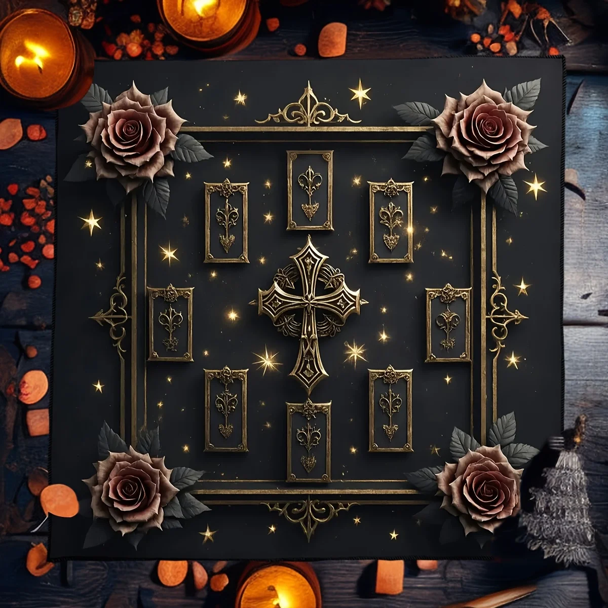 1pc Gothic Cross‑Rose Tarot Tablecloth, Altar Cloth for Tarot Reading, Divination, Pendulum and Ritual, Board Game Mat