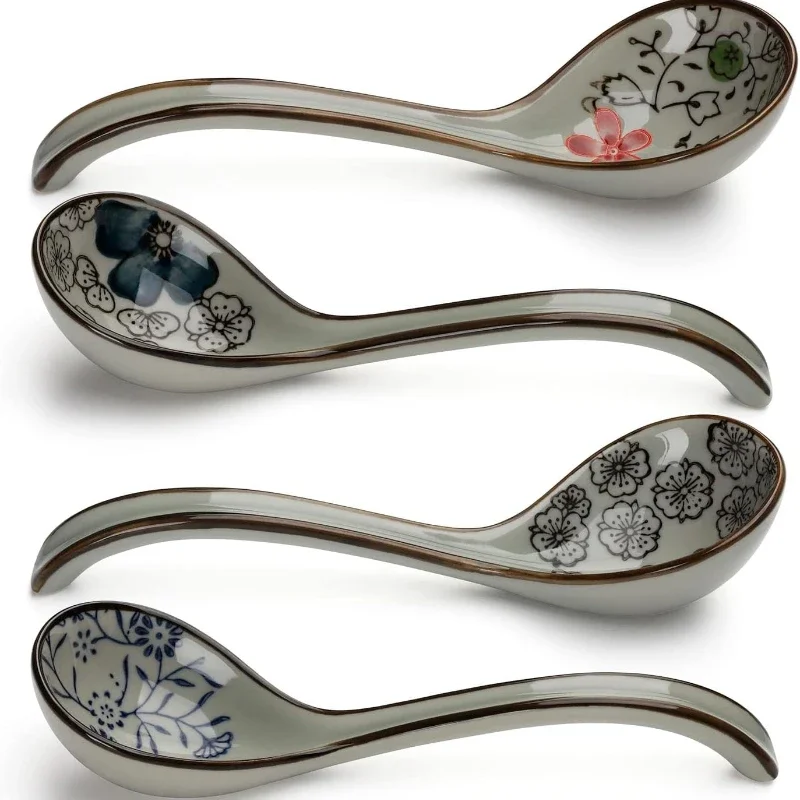 Ceramic spoon 4 pcs porcelain soup long handle Asian spoon set, suitable for Pho Lamian Noodles spoon