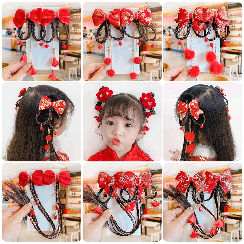 2 Pcs/Set Children Cute Chinese Knot Wig Pendant Ornament Hair Clips Girls Lovely Sweet Barrettes Hairpins Kids Hair Accessories