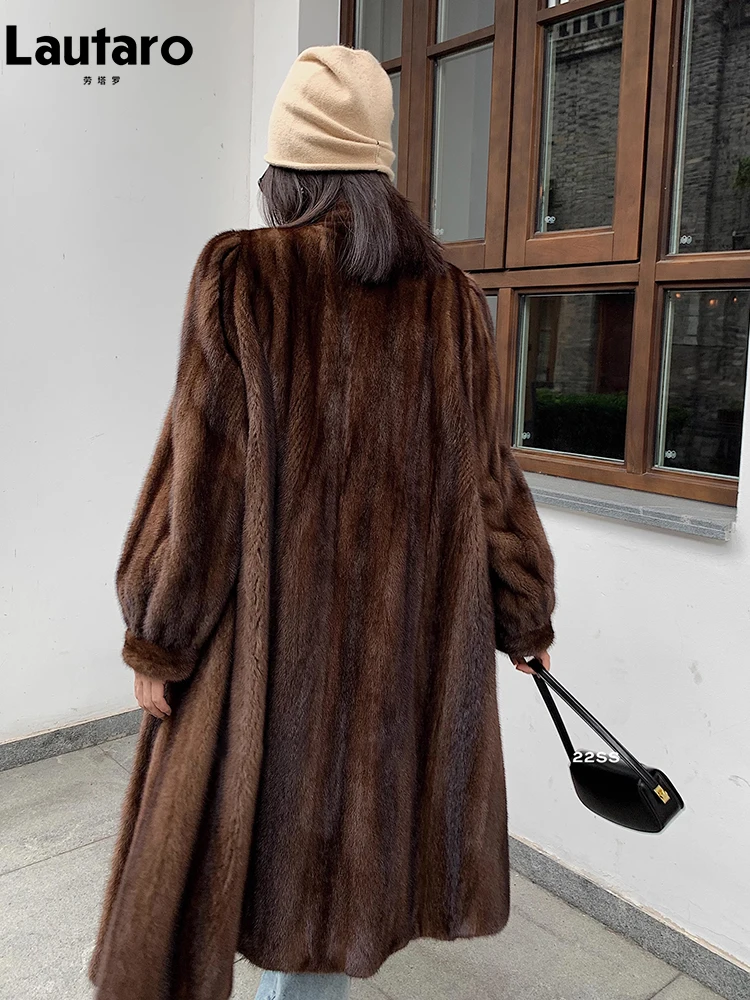 Lautaro hiver Long marron épais chaud doux fausse fourrure de vison manteau femmes manches bouffantes élégant luxe Chic moelleux fourrure pardessus 2023