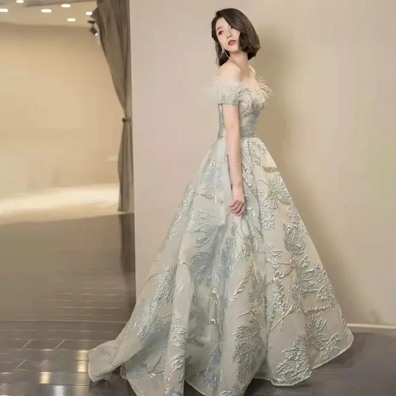 Light Blue One Shoulder Evening Dress 2025 New Spring Host Style Performance Vocal Art Exam Dress Annual Meeting Dress