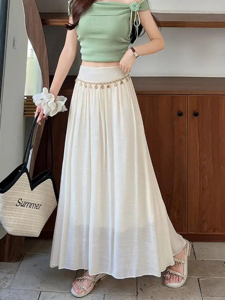 

Vintage Women's Black Beige Tassel Vacation Umbrella Long Skirt Spring Summer Pink Khaki High Waist Pleated Half Skirt Boho Chic