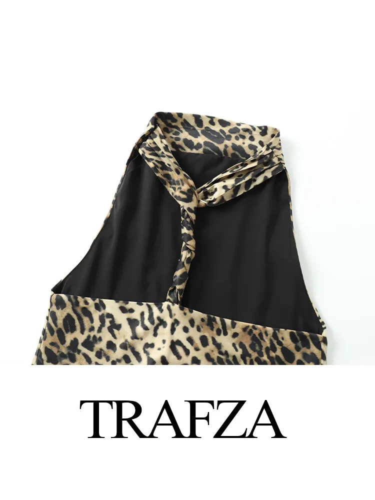 TRAFZA-فستان نسائي مطبوع على شكل فهد بدون أكمام مكشوف الظهر ، فساتين قصيرة برقبة رقبة نسائية ، طراز شاطئ مثير ، صيف