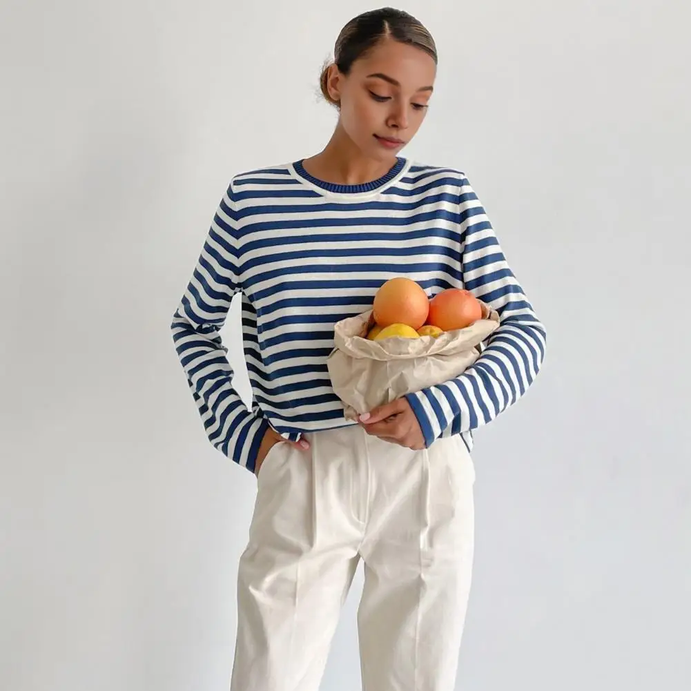 Casual Daily Wear Top Striped Print Sweater Loose Fit Women's Top for Daily Wear with Retro Knitting Design Stretchy Fabric