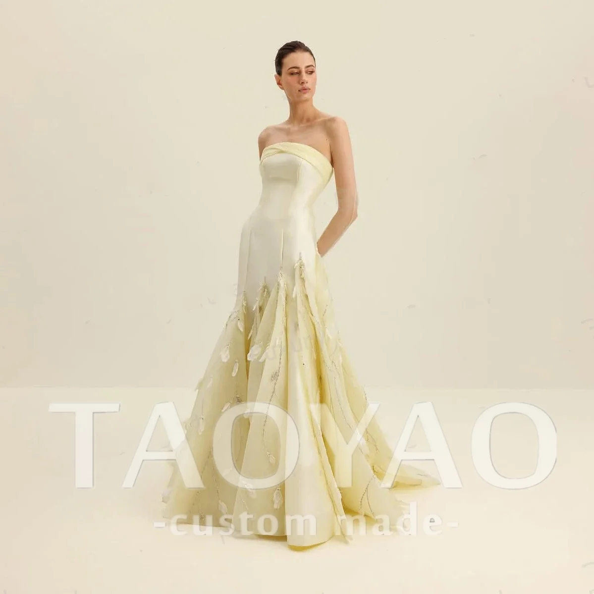 Yellow Mermaid Evening Dresses Sexy Strapless Backless Off Shoulder Feather Prom Gowns Pleat Customized Vestidos De Noche