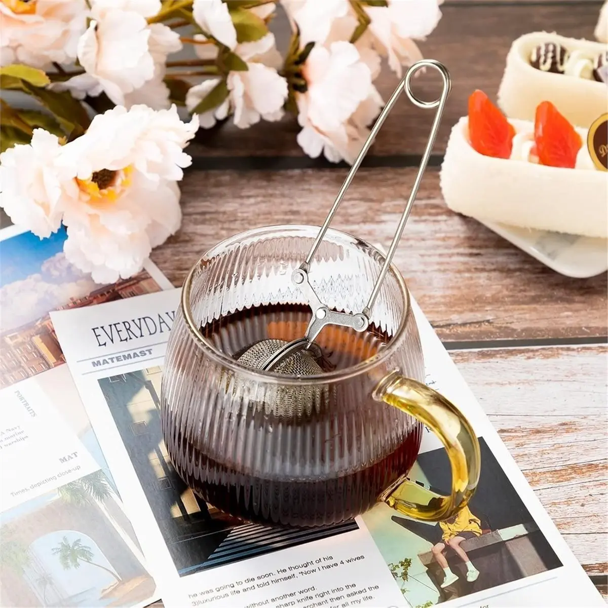 304 Stainless Steel Tea Infuser Ball - Press Handle Strainer for Loose Leaf Tea, Herbs - Reusable Filter for Brewing 3