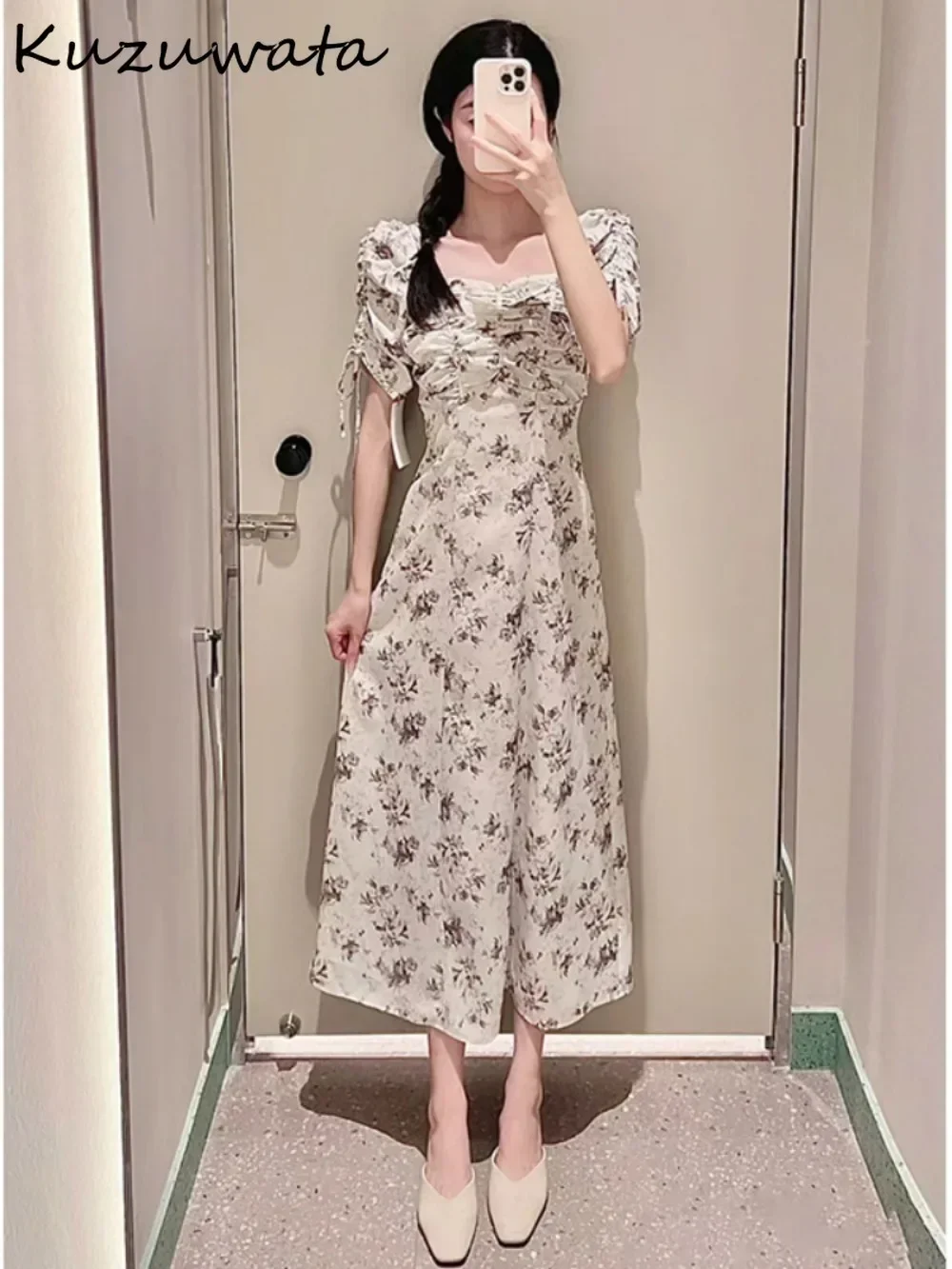 Kuzuwata Sweet Slash Neck Puff Sleeve Sling Robe Print Slim Waist Drawstring Ruched Vestidos Japan New Lace Up Elegant Dresses