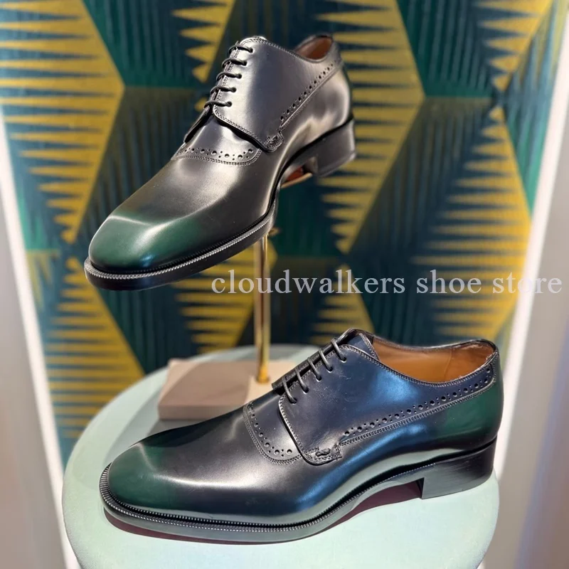 Black Matte Leather Men's Dress Shoes Daily Office Fashion Lace Up Square Toe Flat Leather Shoes Men's Luxury Wedding Suit Shoes