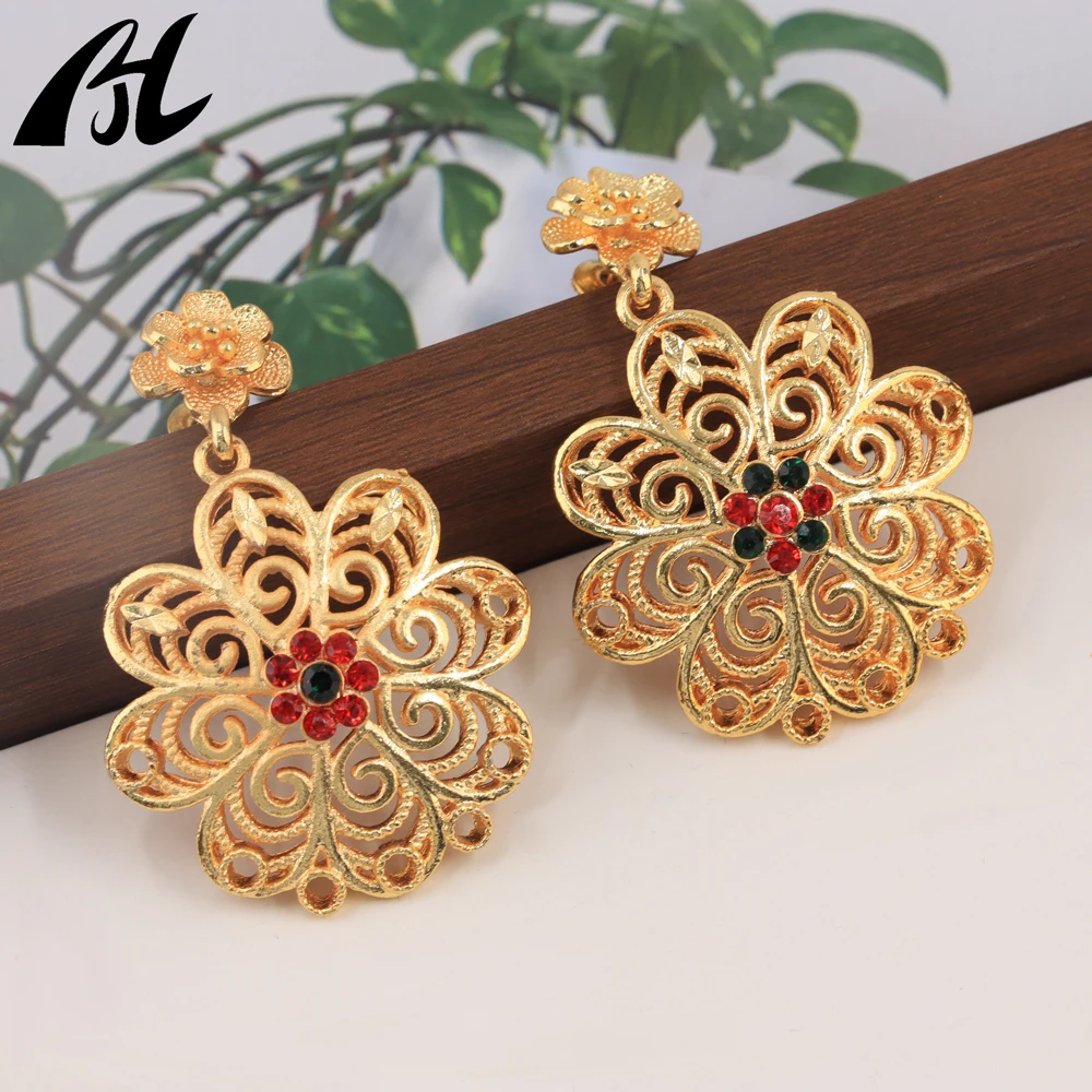 Wedding Gold earrings Red and green stone fashion jewelry alloy premium earrings