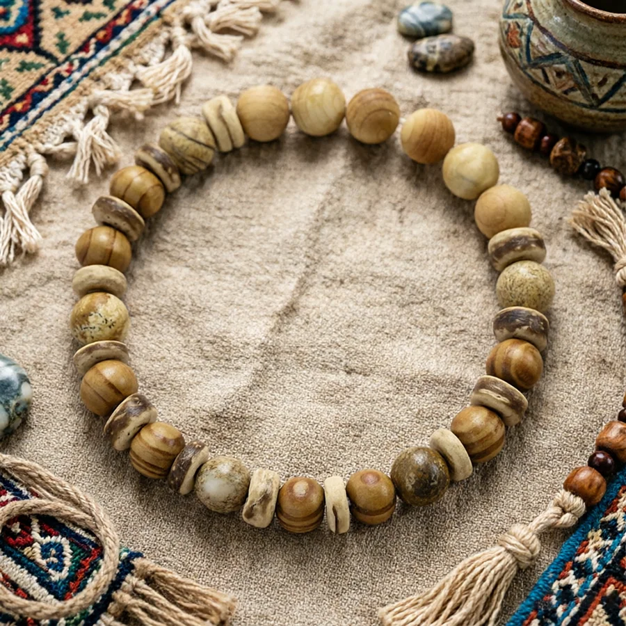 Bracelet Rétro en Bois et Perles de Pierre Naturelle Unisexe – 5 Couleurs au Choix – Style Vacances, Guérison, Décontracté – Accessoire de Plage pour Couple